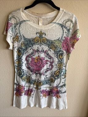 S-Twelve White Scoop Neck Tee with Pink & Gold Floral Scroll